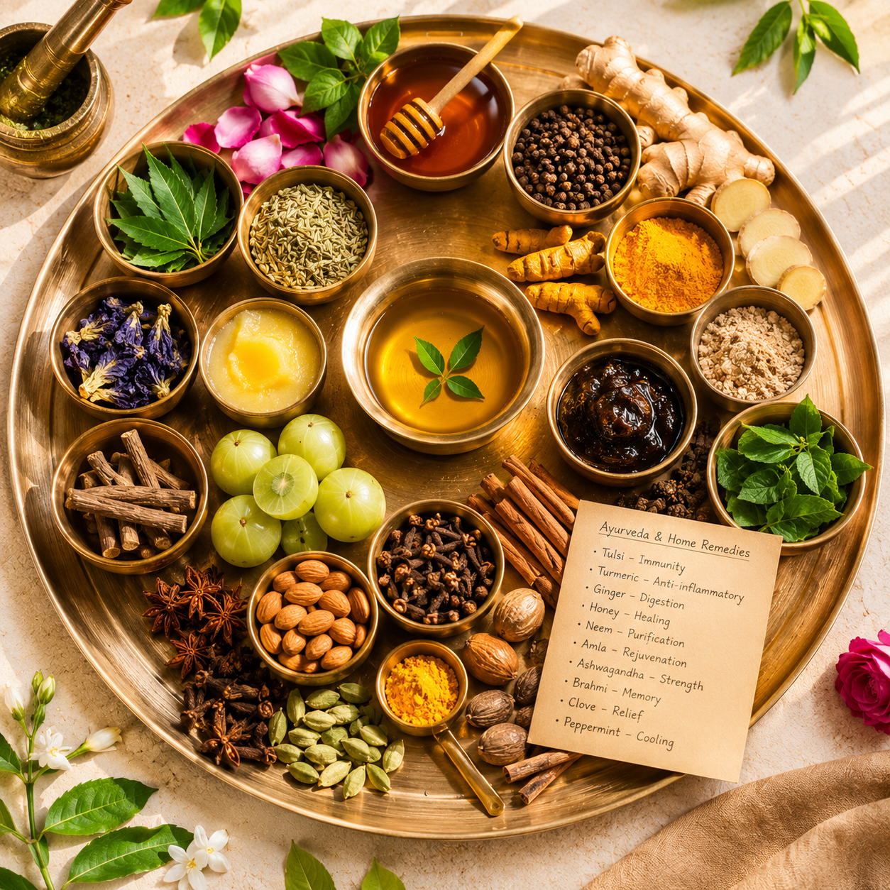 A festive Indian thali with seasonal foods, marigolds and diyas
