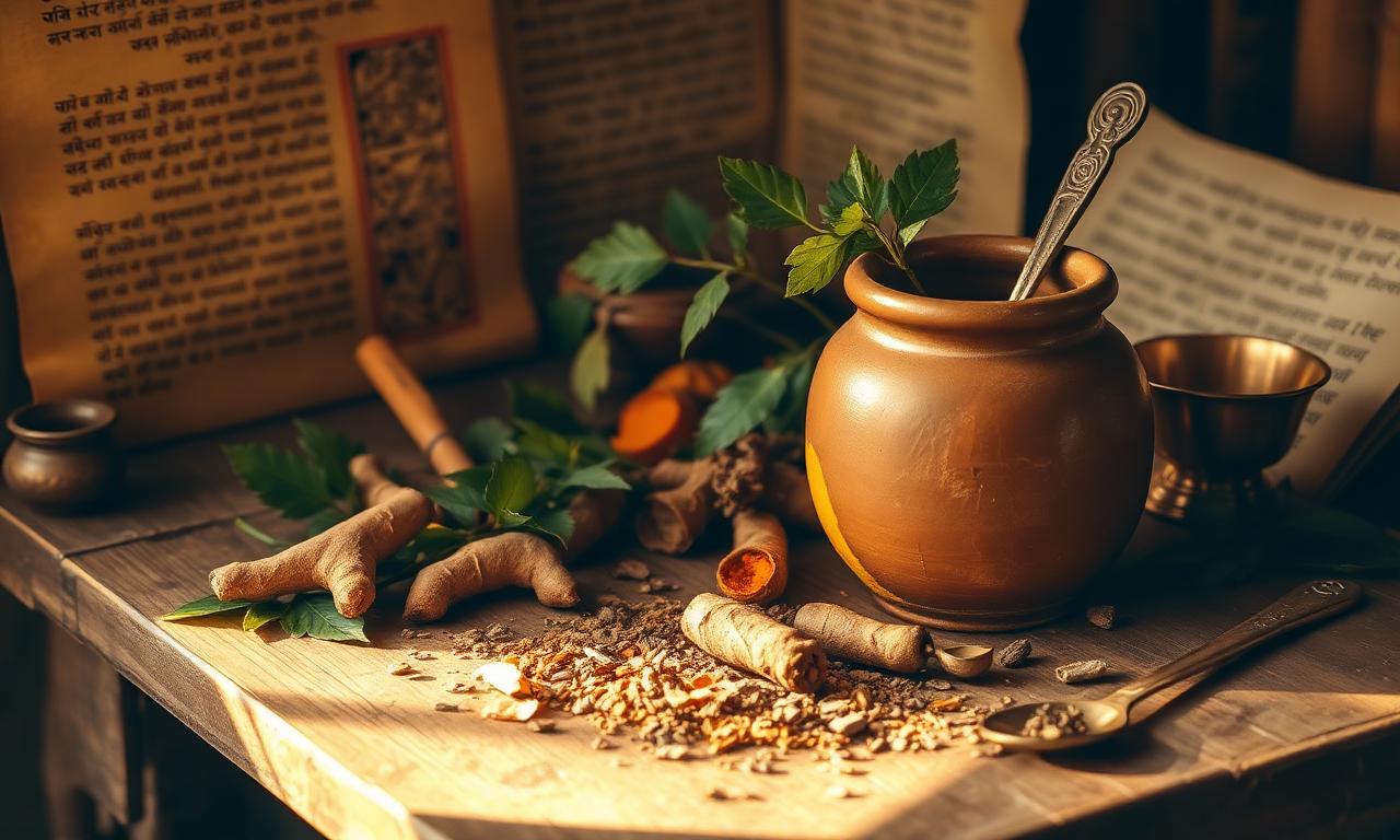 A clay jar with herbs, turmeric roots and copper utensils on a wooden table beside Sanskrit manuscript pages.