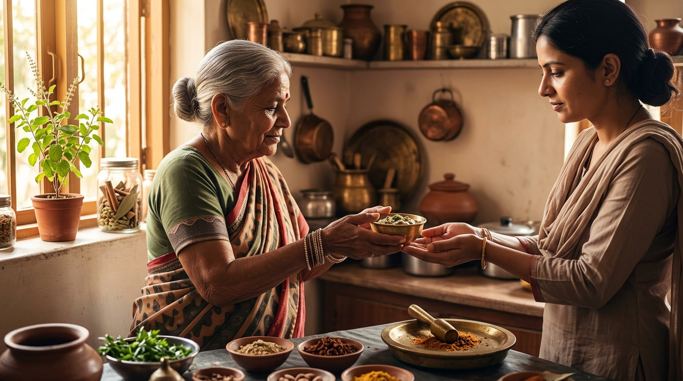 An elderly woman handing a small clay bowl of herbal paste to a younger woman in a sunlit kitchen.