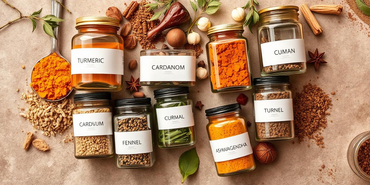 Labeled glass jars of Indian herbs and spices on a stone surface.