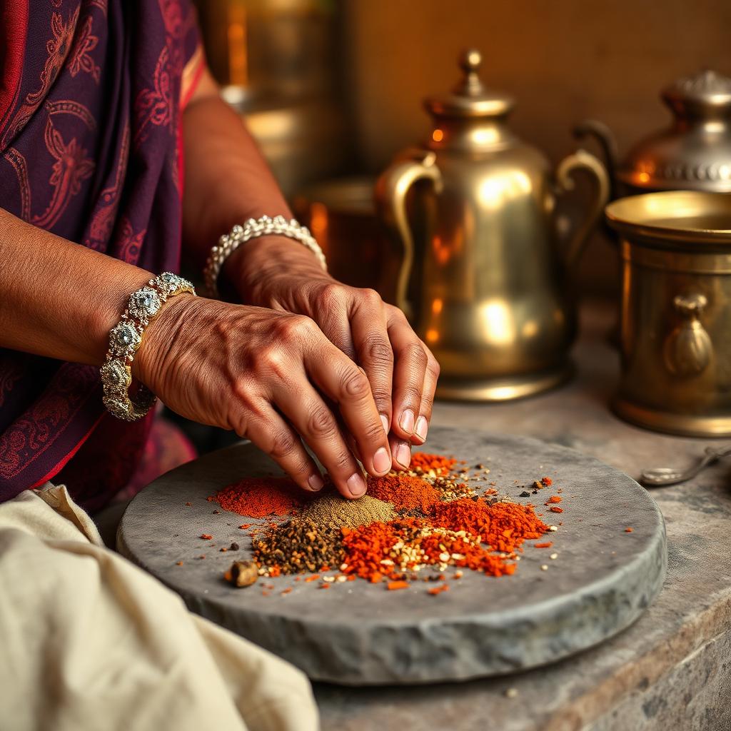 A grandmother grinding spices on a stone slab in a traditional Indian kitchen