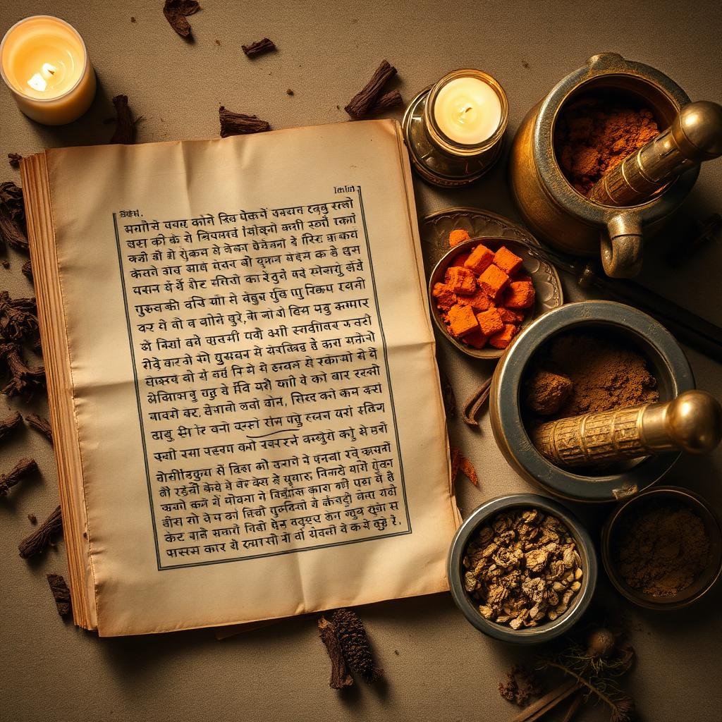 Ancient Ayurvedic palm-leaf manuscript with mortar and pestle