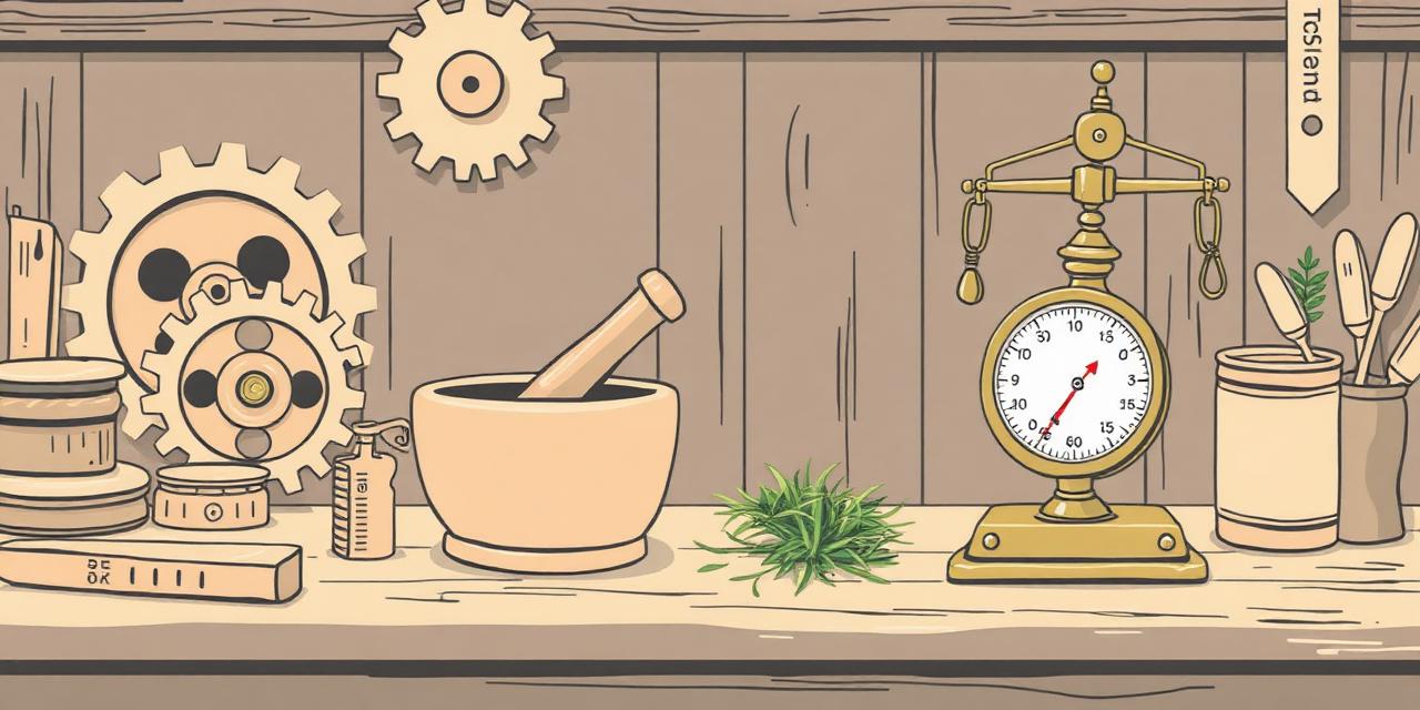 Mortar, pestle and brass scale on a workbench.